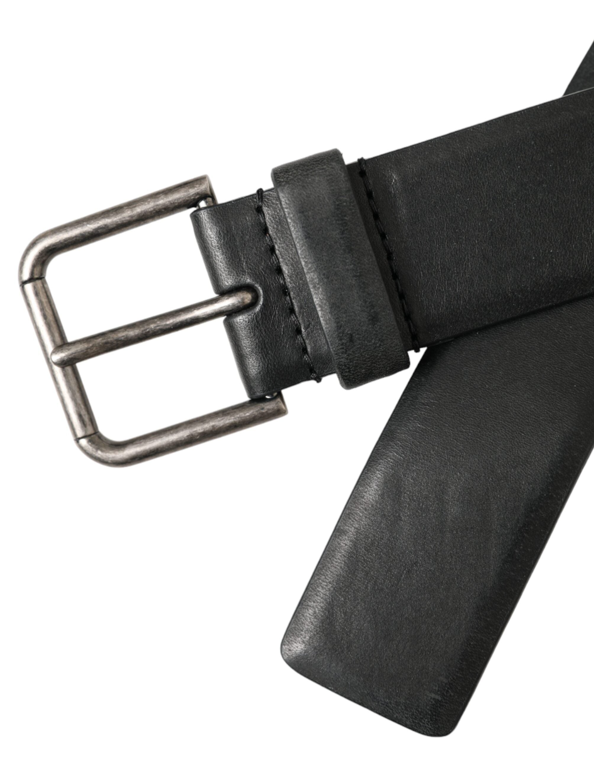 Dolce & Gabbana Black Calf Leather Silver Metal Buckle Belt