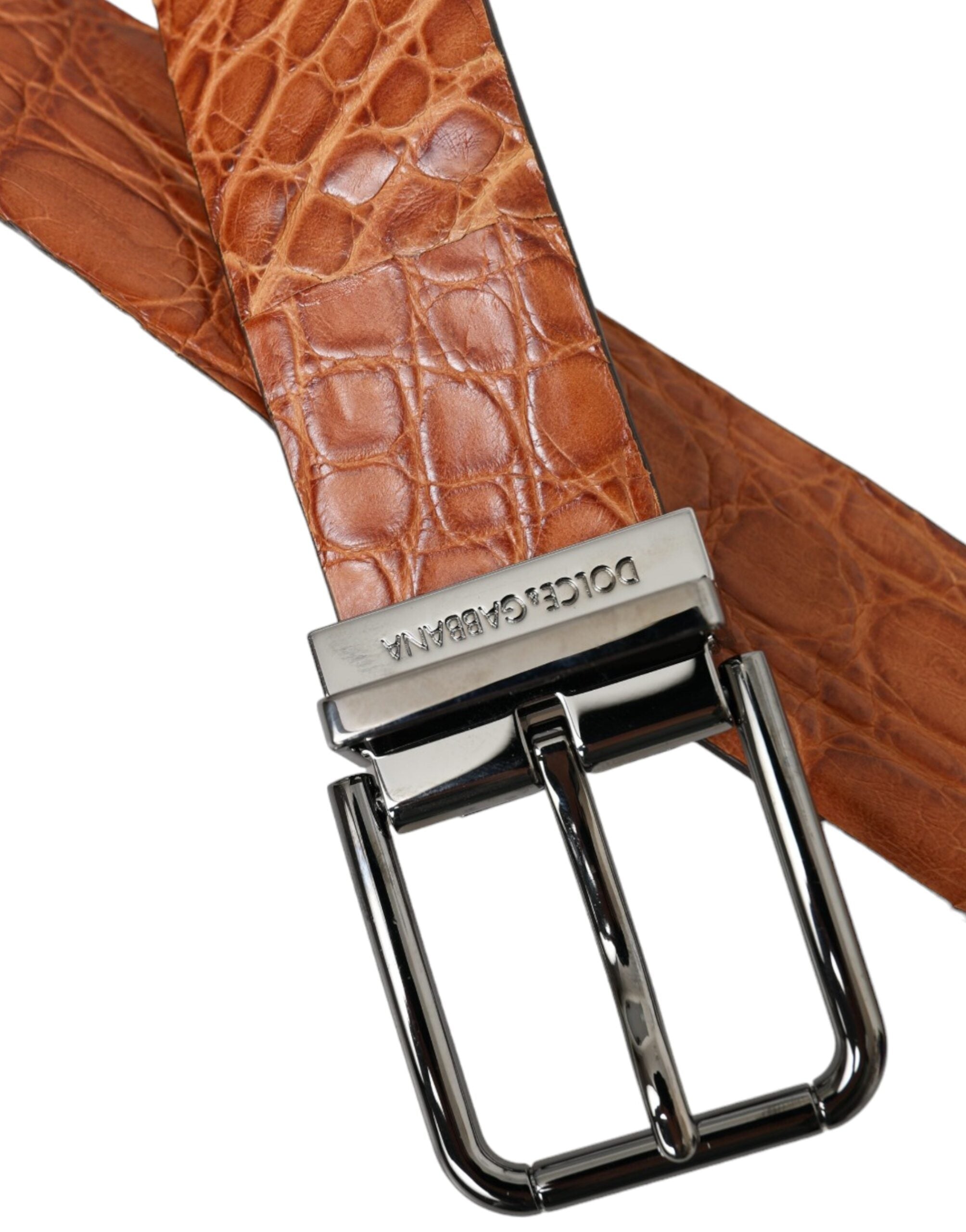 Dolce & Gabbana Brown Exotic Leather Silver Metal Buckle Belt