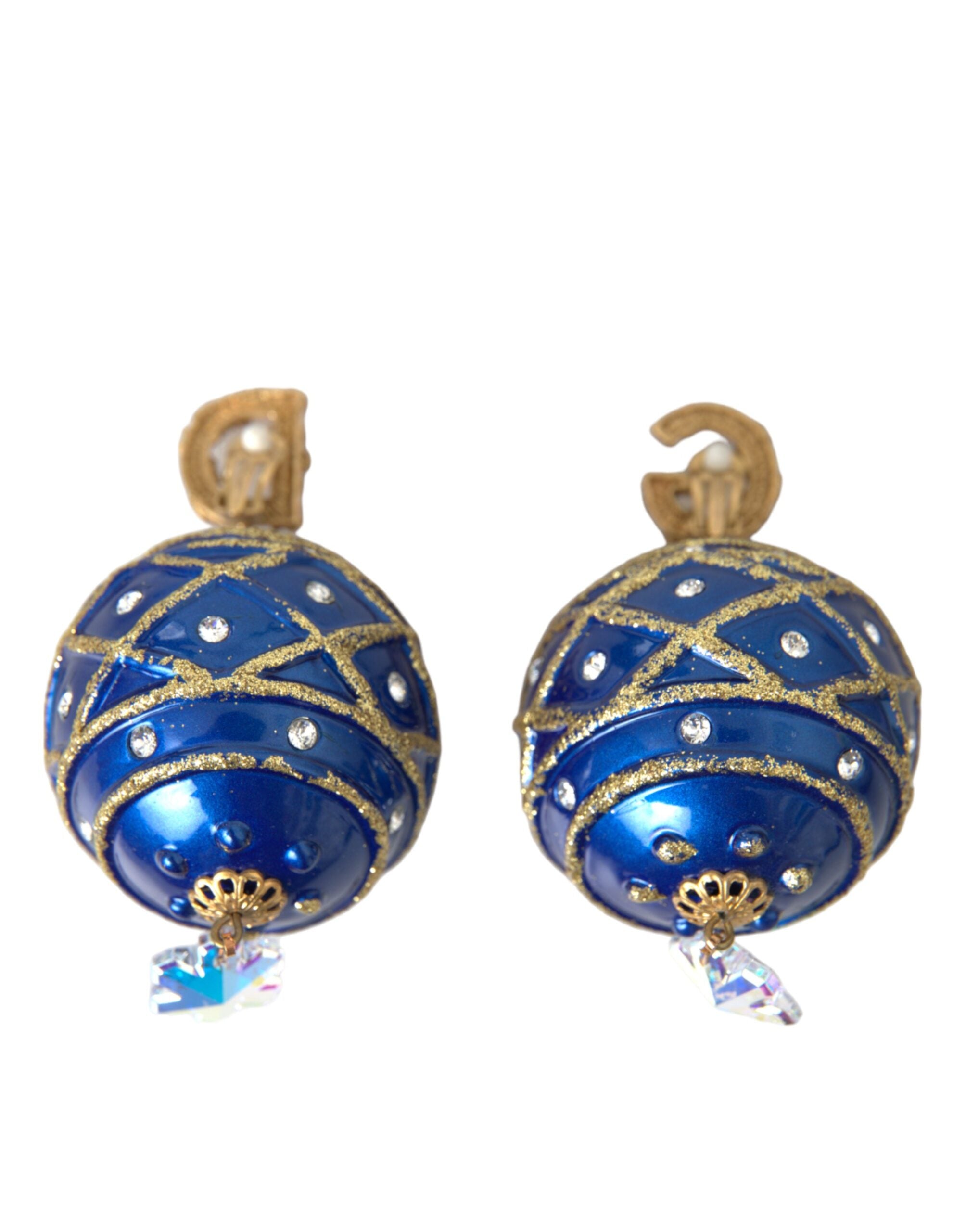 Dolce & Gabbana Gold Brass Blue Dangle Christmas Ball Crystal Clip On Earrings