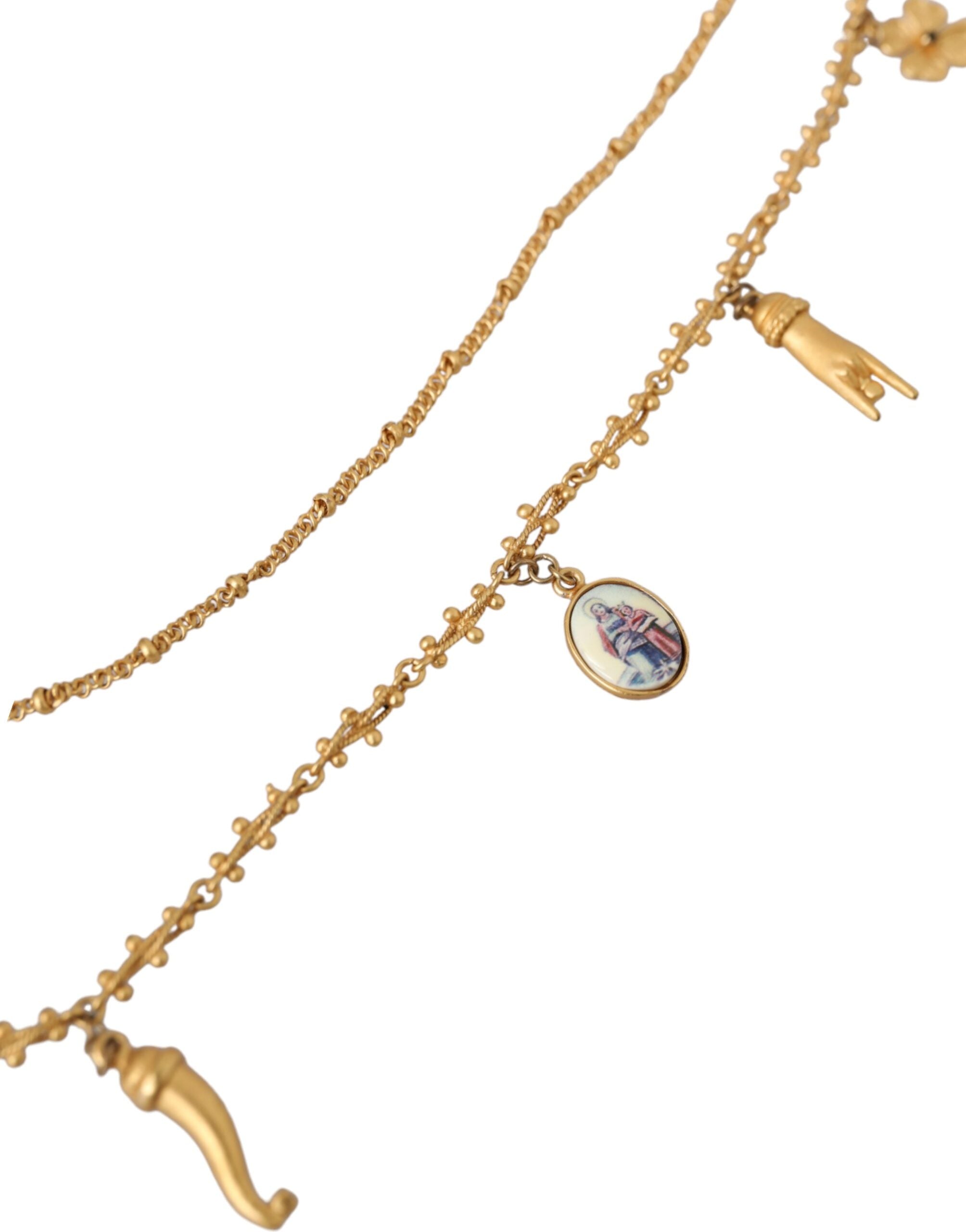 Dolce & Gabbana Gold Tone Chain Brass Charm Statement Sicily Necklace