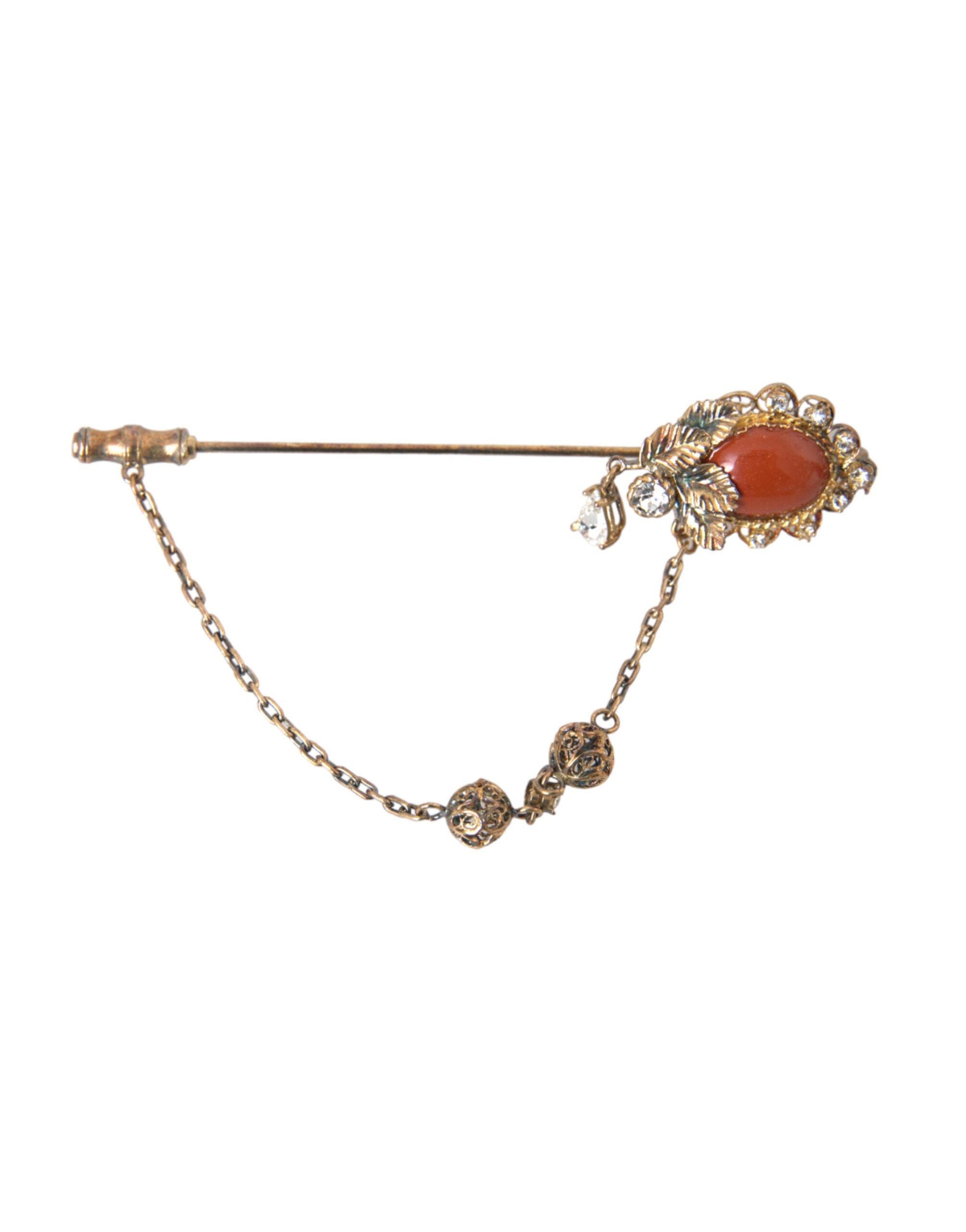 Dolce & Gabbana Gold Brass Crystal Chain 925 Sterling Silver Pin Brooch