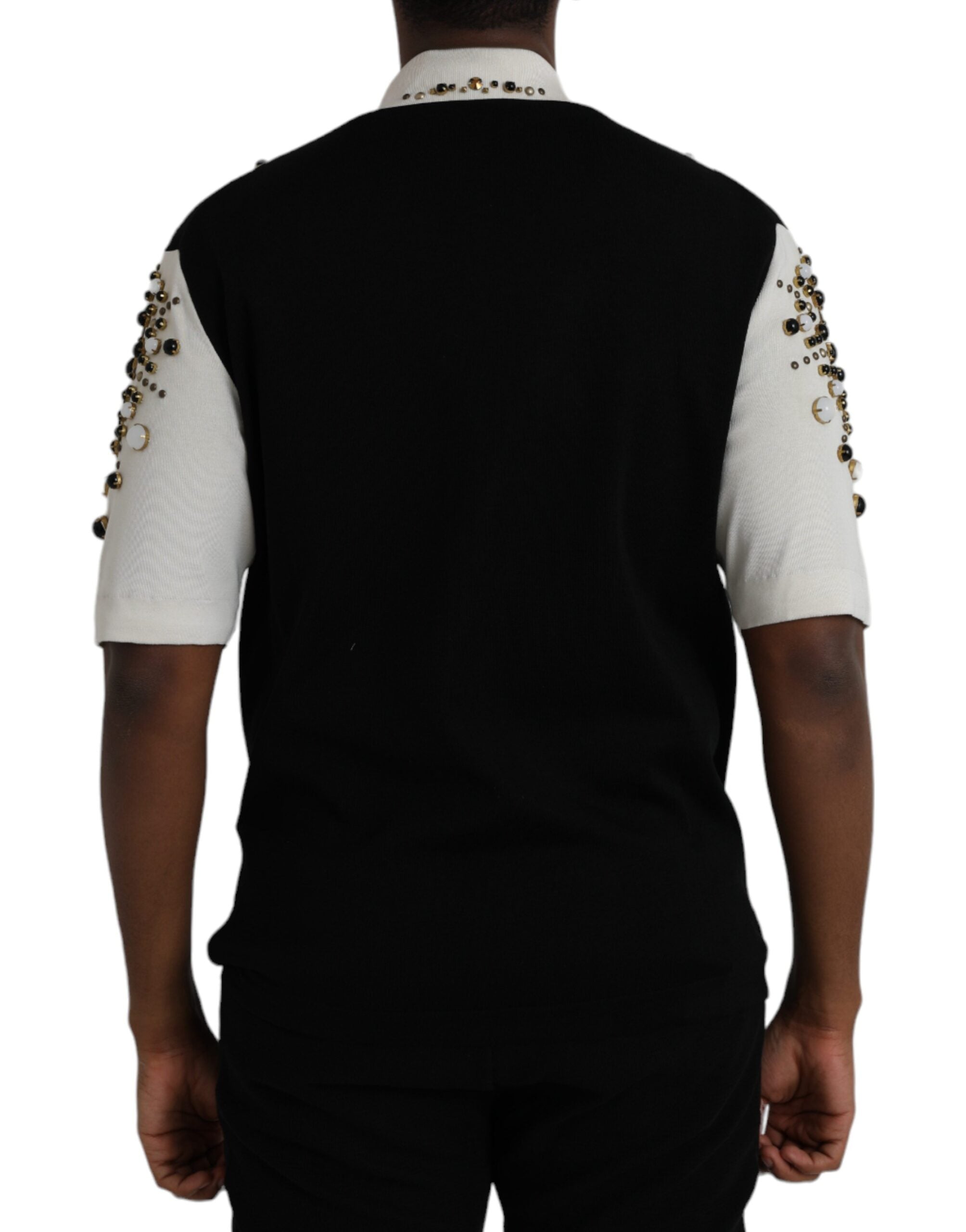 Dolce & Gabbana White Black Silk Studded Stone Crystal Shirt