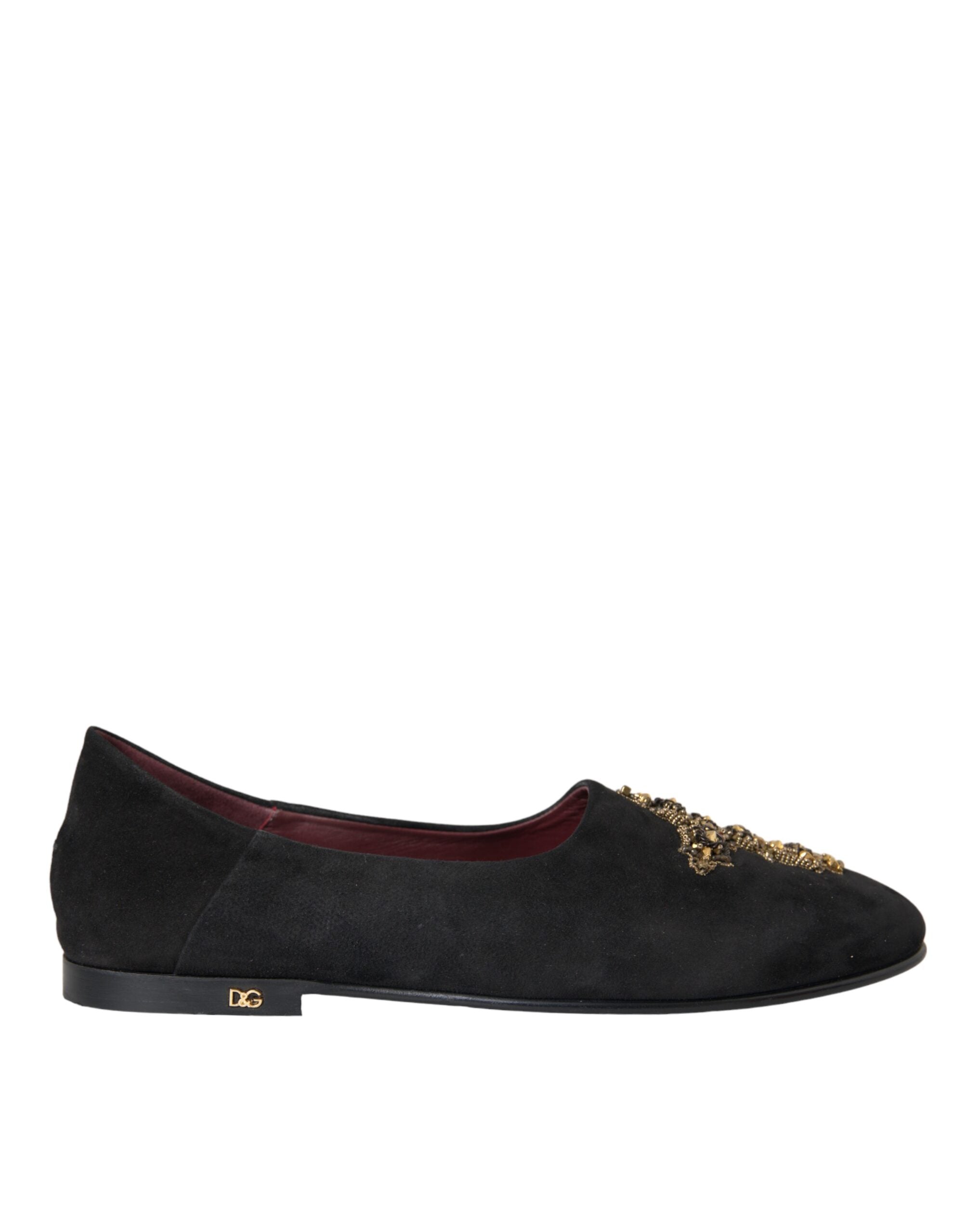 Dolce & Gabbana Black Suede Gold Cross Slip On Loafer Shoes