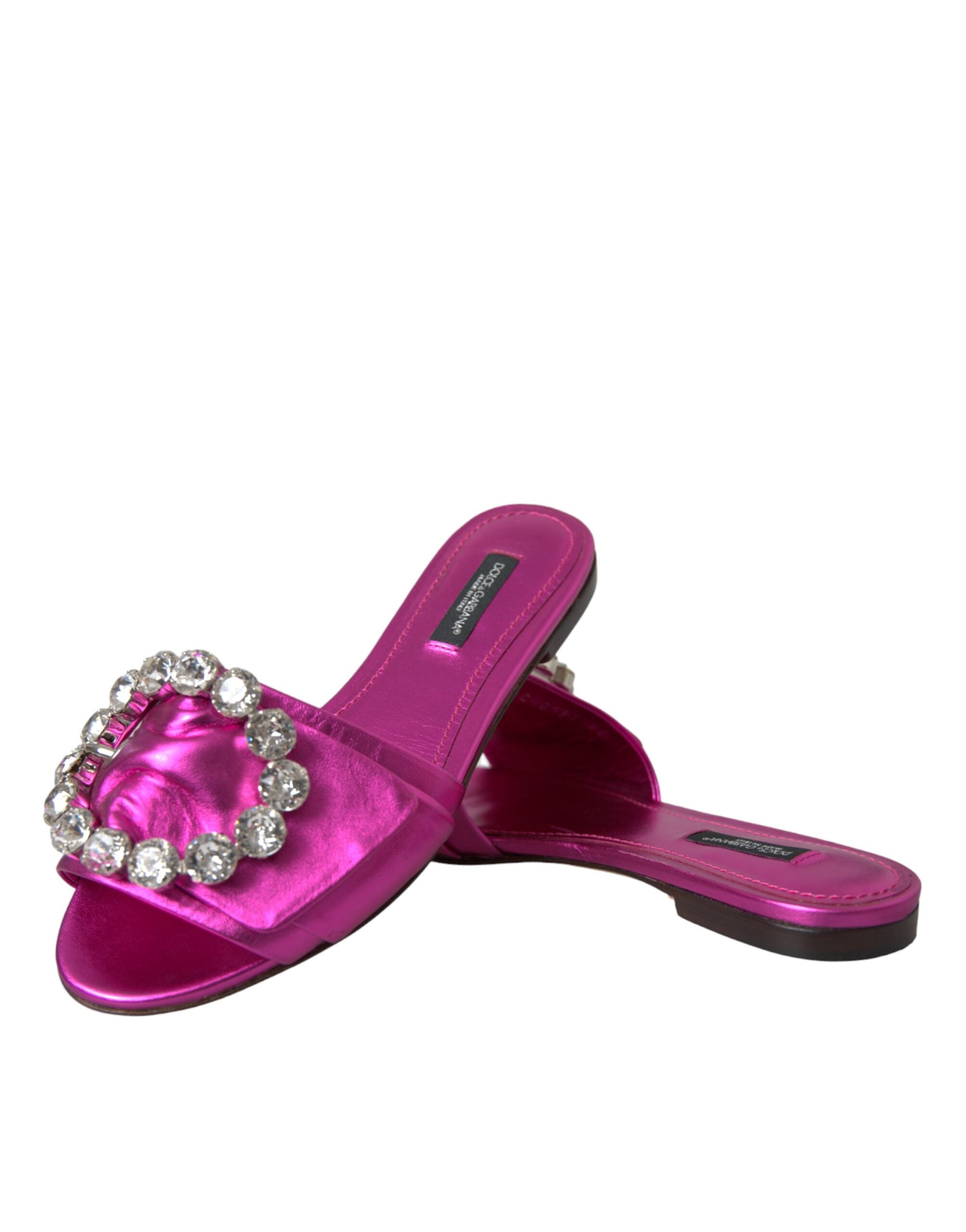 Dolce & Gabbana Fuchsia Crystal Leather Flats Sandals Shoes