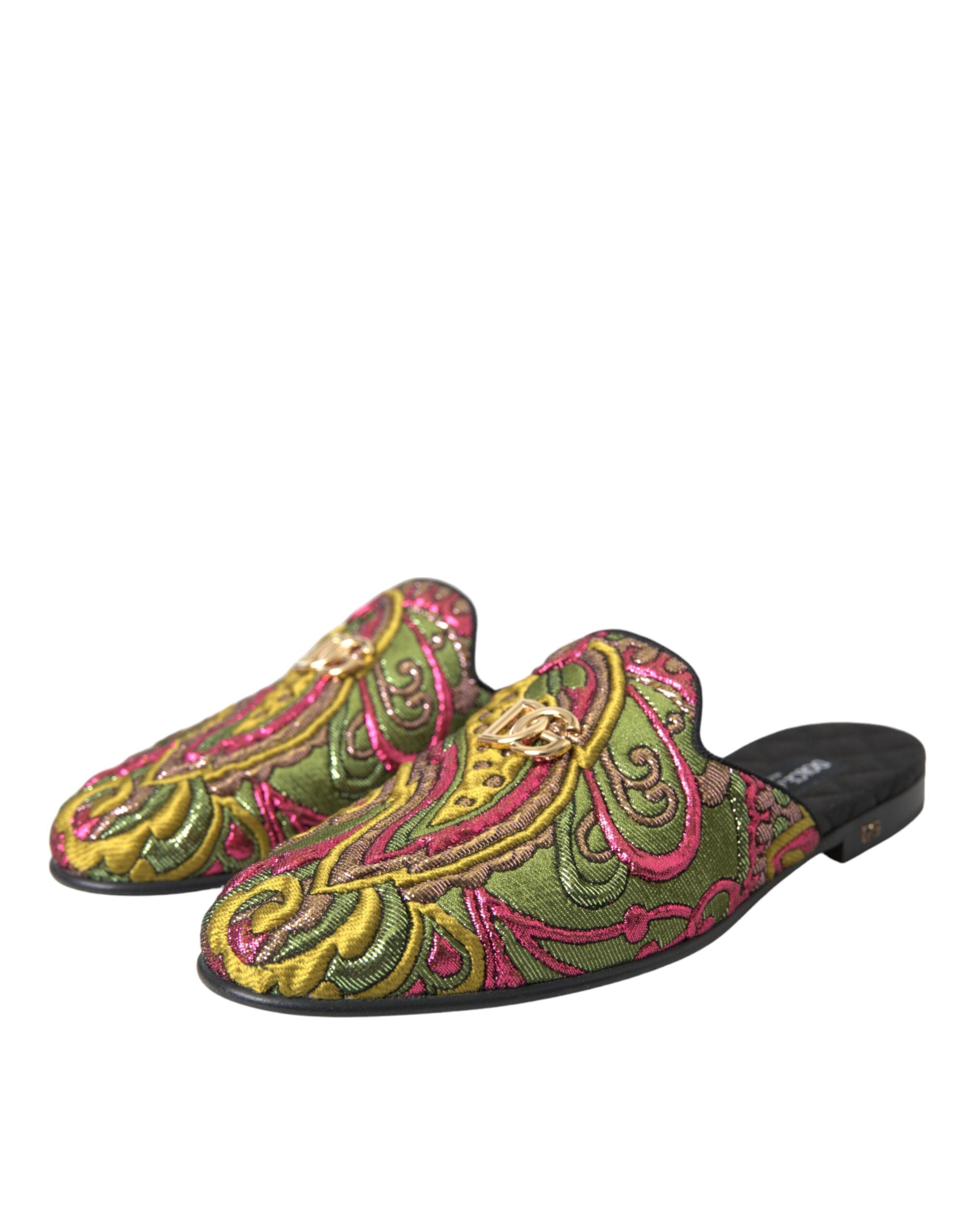 Dolce & Gabbana Multicolor Brocade DG Logo Mule Flat Sandals Shoes