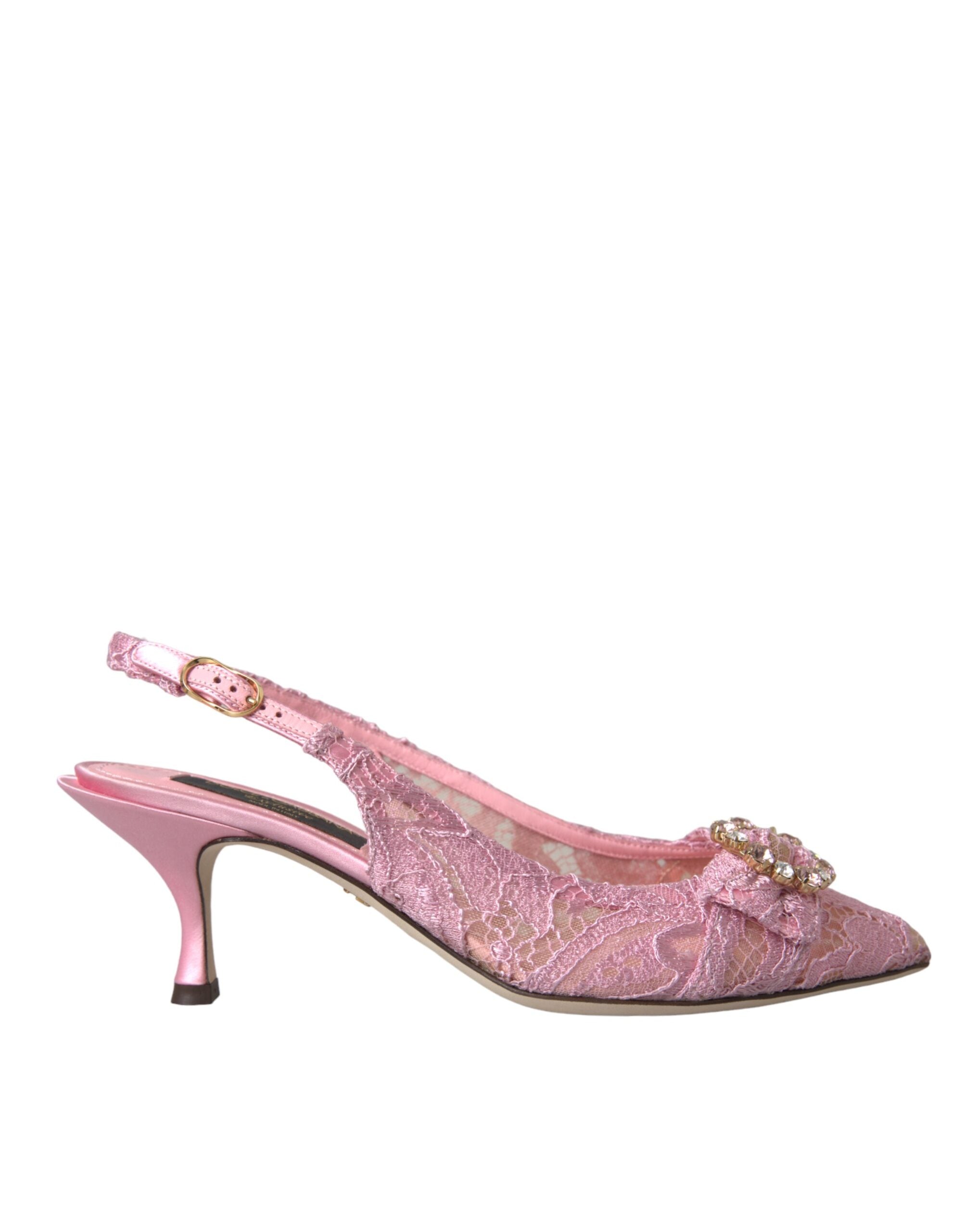 Dolce & Gabbana Pink Taormina Lace Crystal Heel Slingbacks Shoes