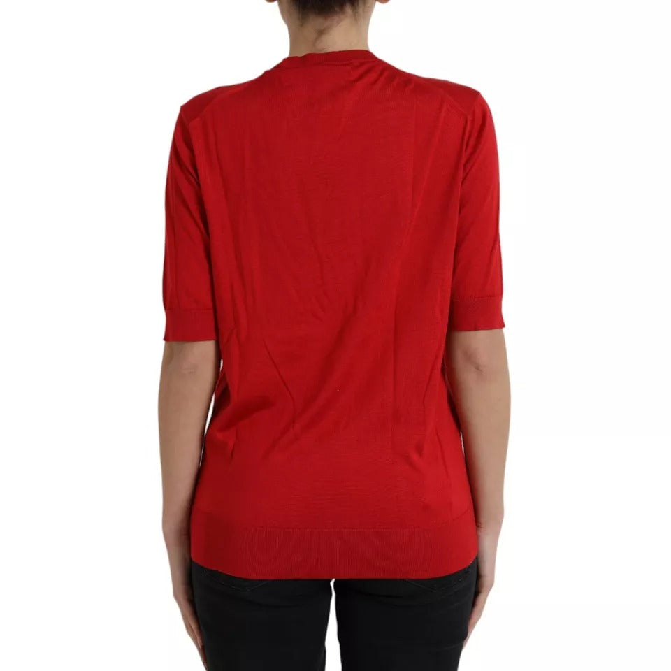 Dolce & Gabbana Red Silk Crewneck Short Sleeve Sweater