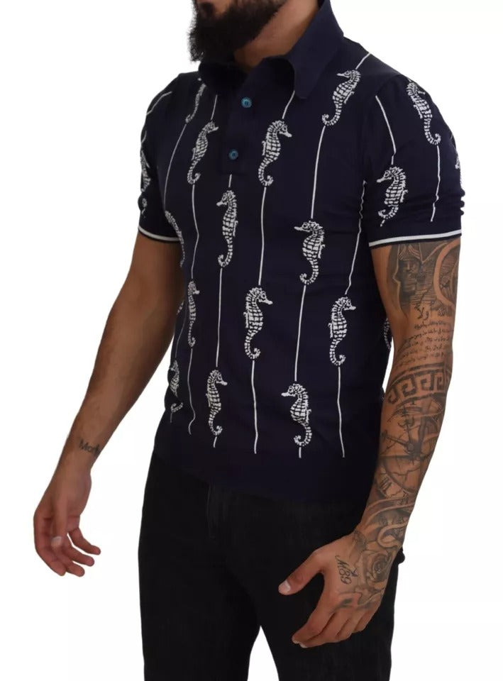 Dolce & Gabbana Dark Blue Sea Horse Collared Polo T-shirt