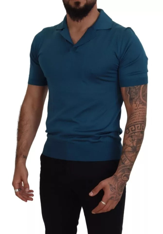 Dolce & Gabbana Blue Collared Short Sleeves Silk T-shirt