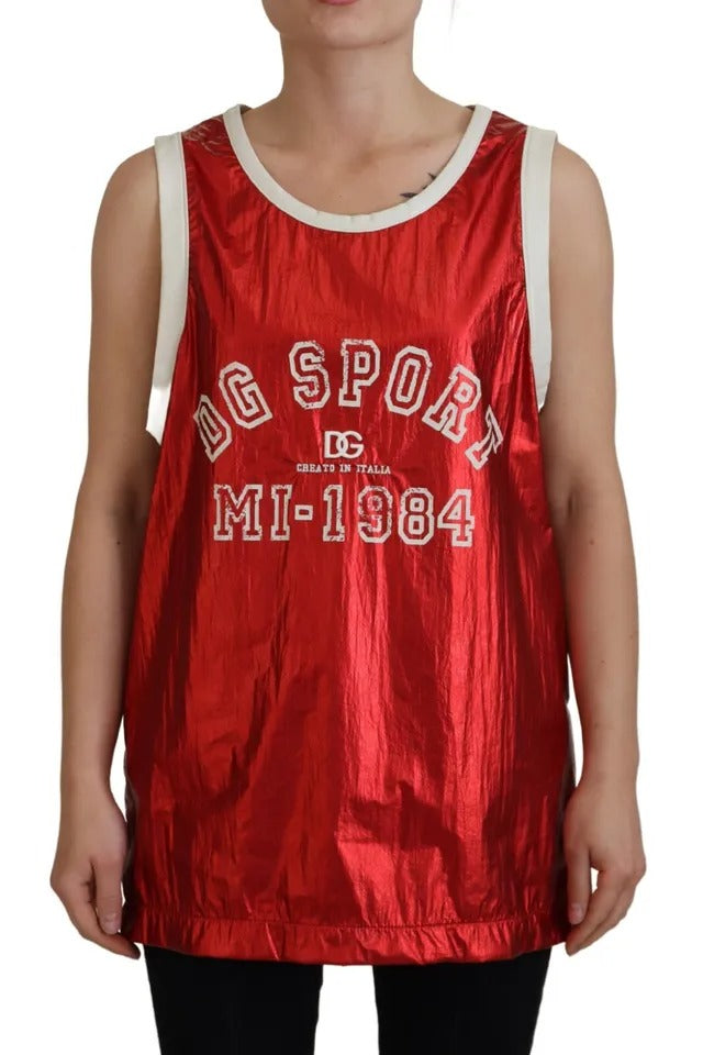 Dolce & Gabbana Red Nylon Logo Print Sleeveless Jersey Top