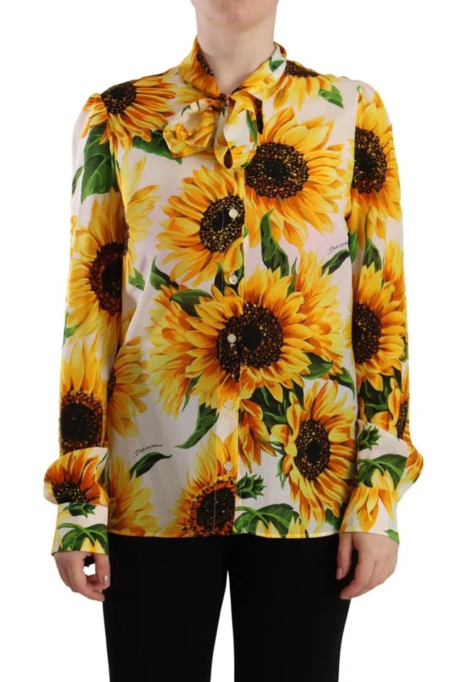 Dolce & Gabbana White Sunflower Silk Ascot Collar Blouse Top