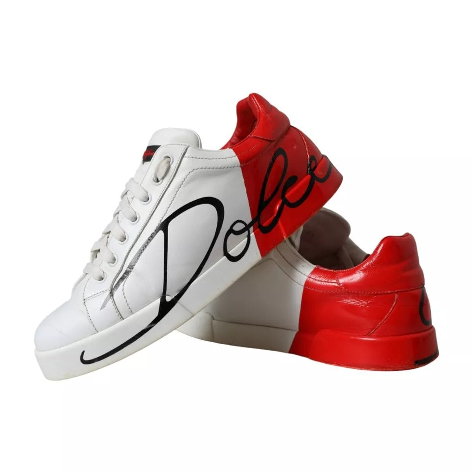 Dolce & Gabbana White Red Leather Logo Low Top Sneakers Shoes