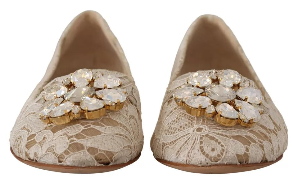 Dolce & Gabbana Beige Lace Crystal Ballet Flats Loafers Shoes