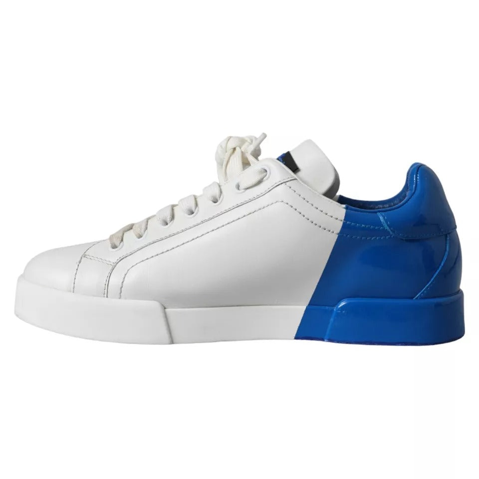 Dolce & Gabbana White Blue Leather Logo Low Top Sneakers Men Shoes