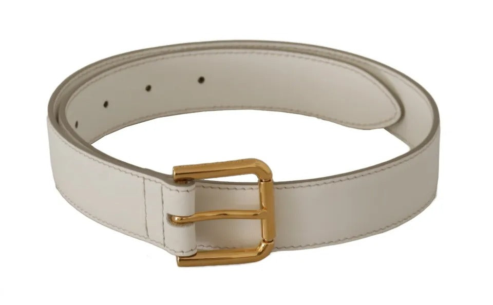 Dolce & Gabbana White Leather Gold Logo Engraved Metal Buckle Belt