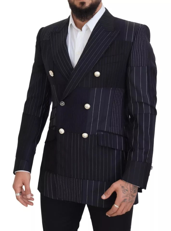 Dolce & Gabbana Blue Wool Patchwork Double Breasted Blazer