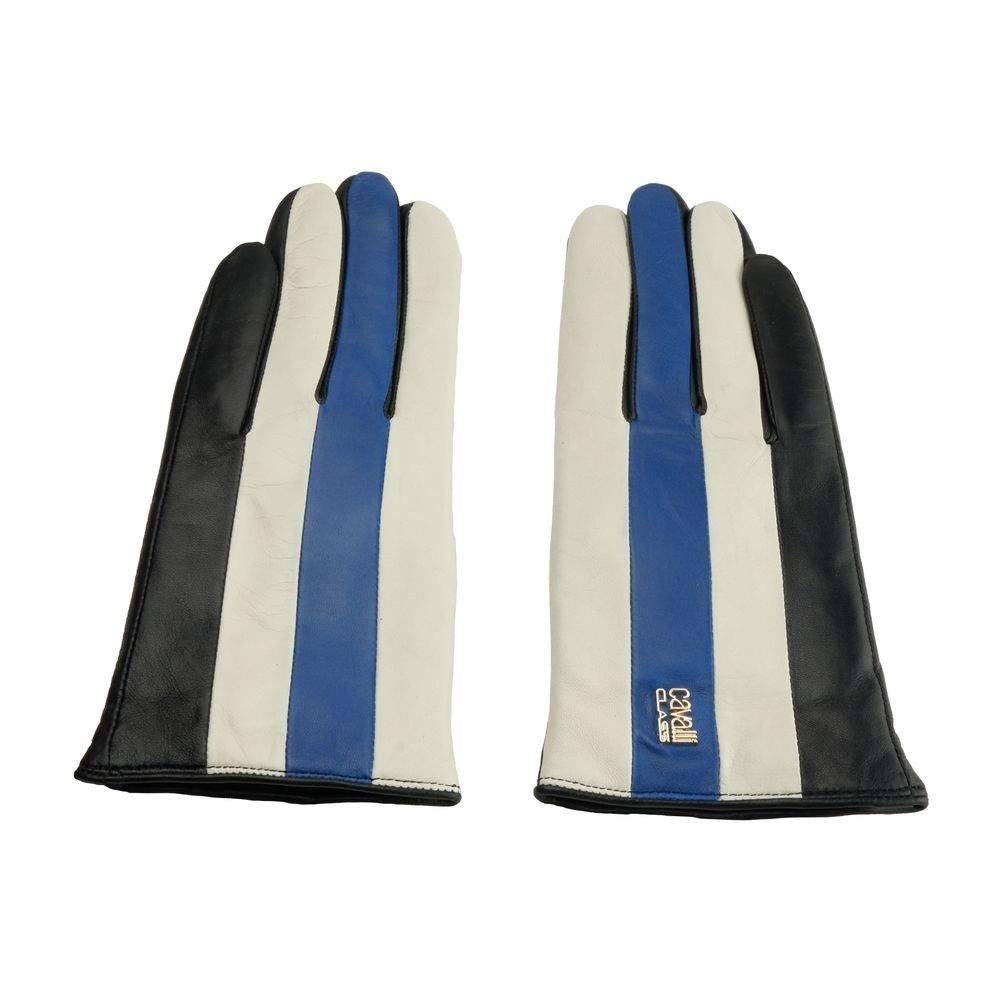 Gants élégants en cuir d'agneau noir et bleu Cavalli Class