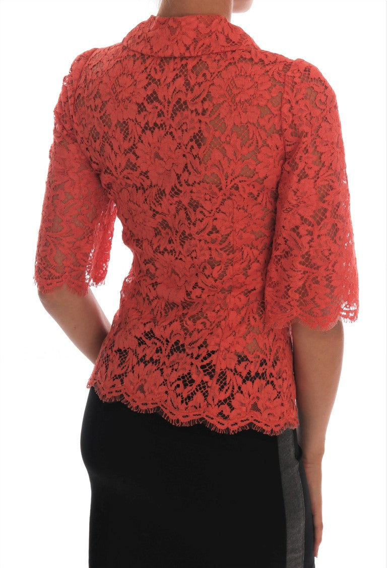 Dolce &amp; Gabbana Chemisier cardigan élégant en dentelle florale orange et cristal