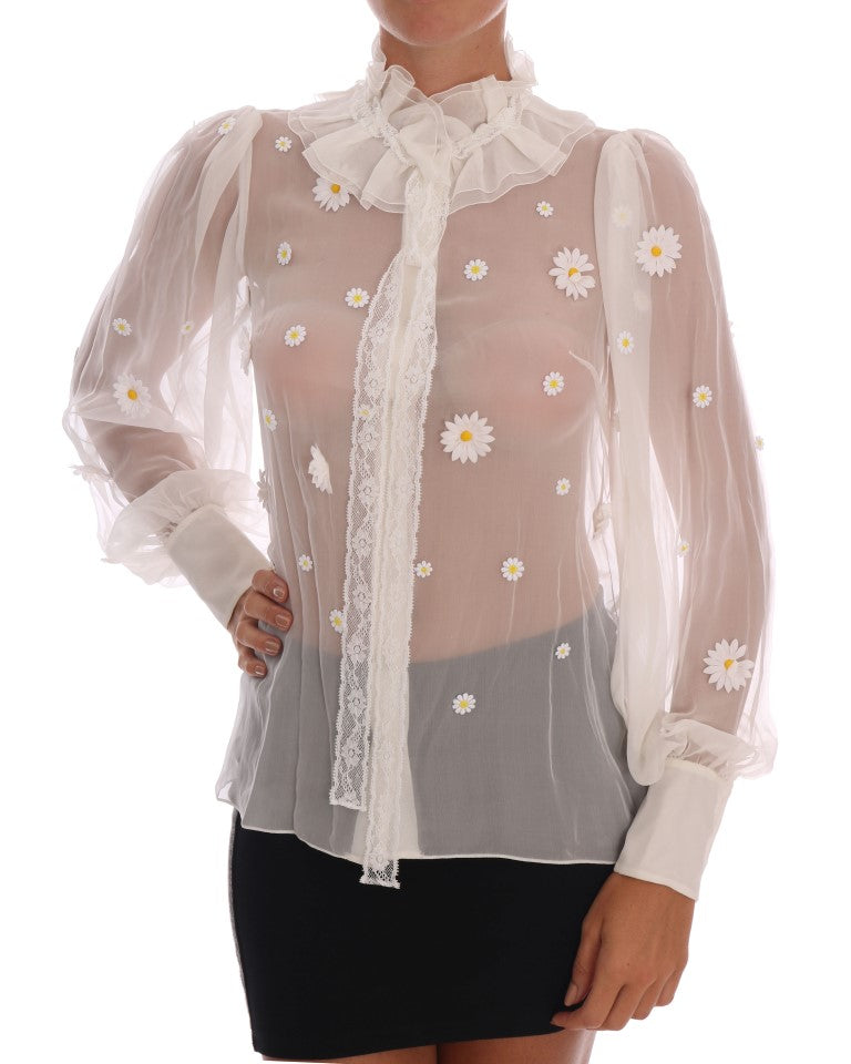 Dolce &amp; Gabbana Blouse élégante en soie blanche à marguerite