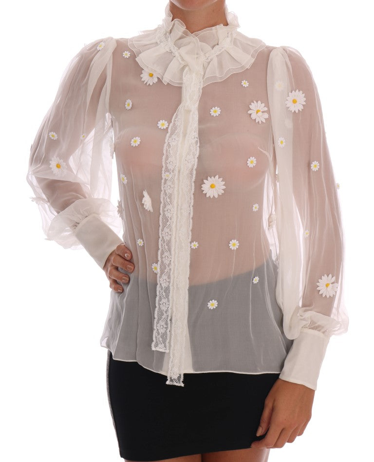 Dolce &amp; Gabbana Blouse élégante en soie blanche à marguerite