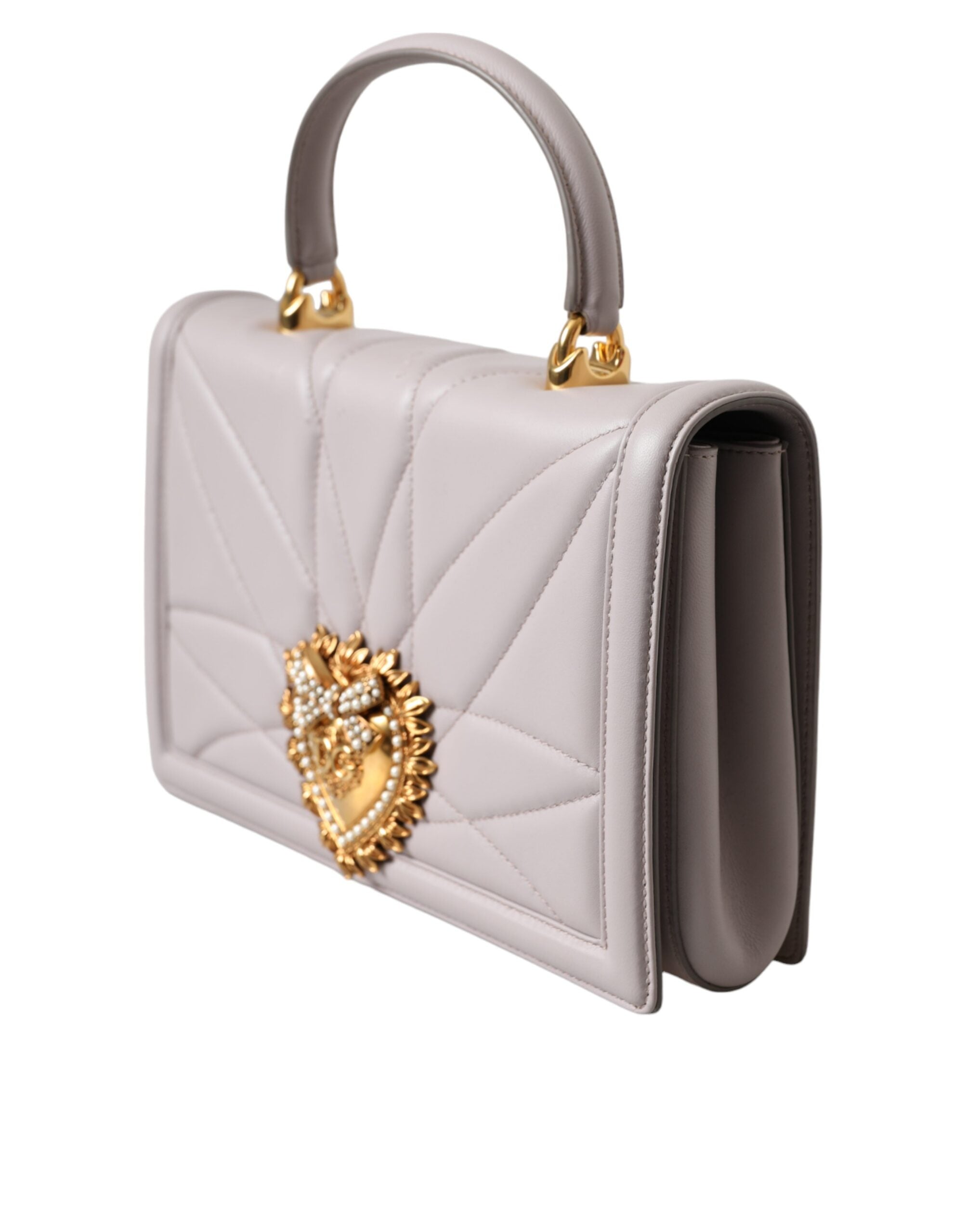 Dolce & Gabbana Light Gray Devotion Gold Heart Leather Shoulder Bag