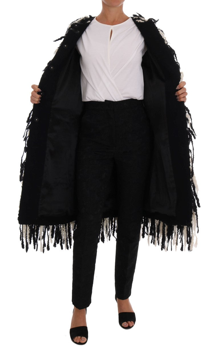 Dolce &amp; Gabbana Veste manteau en laine à franges noire et blanche