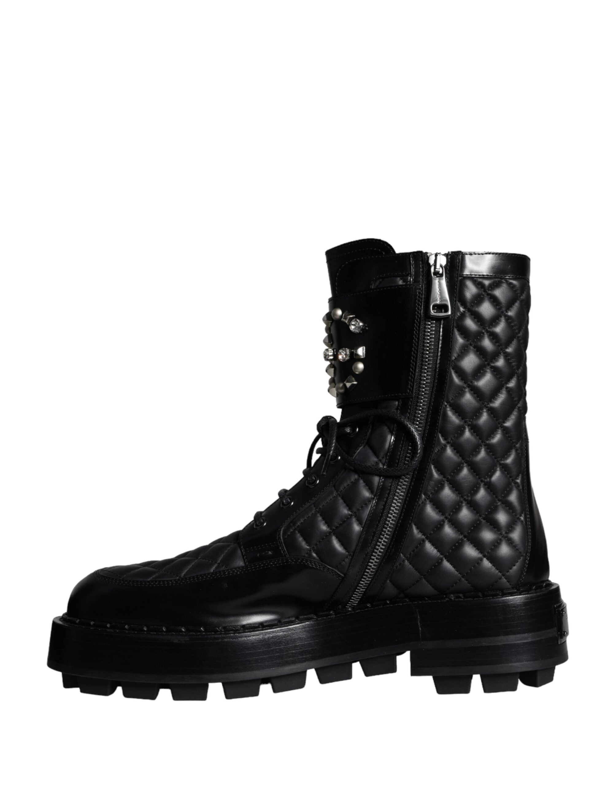 Dolce & Gabbana Black Quilted Crystal DG Logo Men Boots Shoes