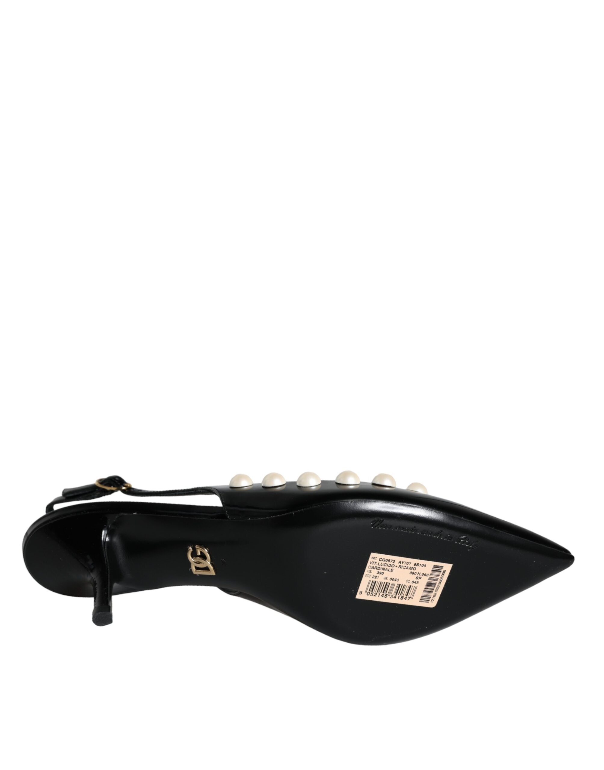 Dolce & Gabbana Black Leather Faux Pearl Heel Slingback Shoes