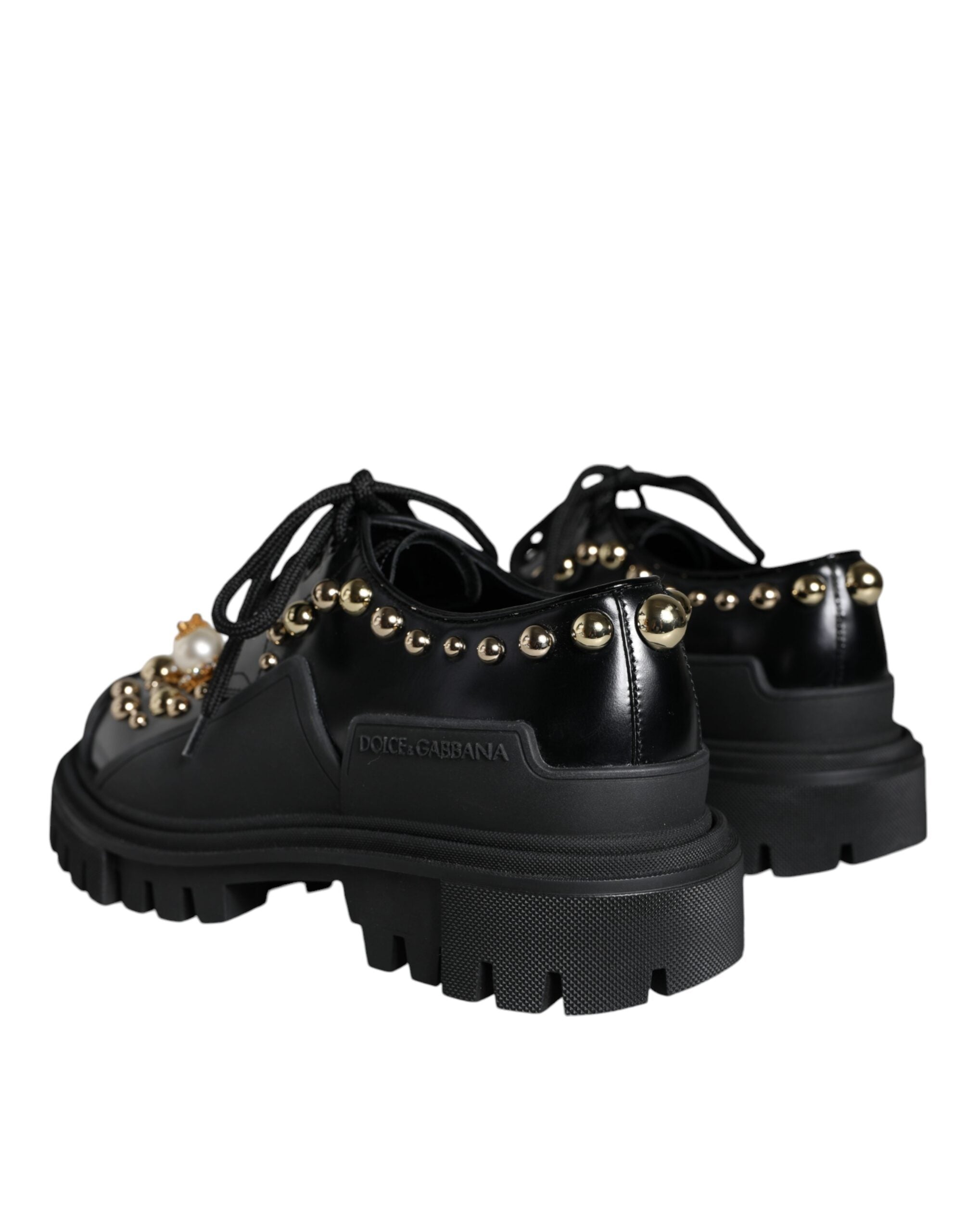 Dolce & Gabbana Black Leather Trekking Derby Embellished Shoes