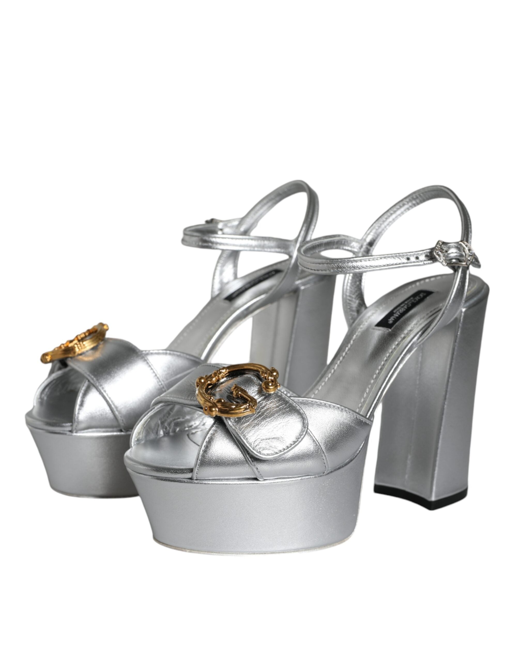 Dolce & Gabbana Silver Leather Platform Logo Keira Sandals Shoes