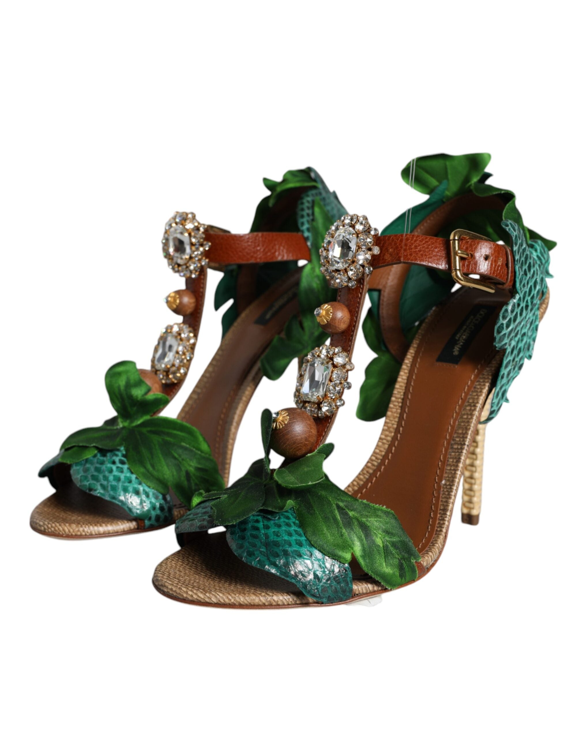 Dolce & Gabbana Emerald Embellished Leather Heels Sandals Shoes