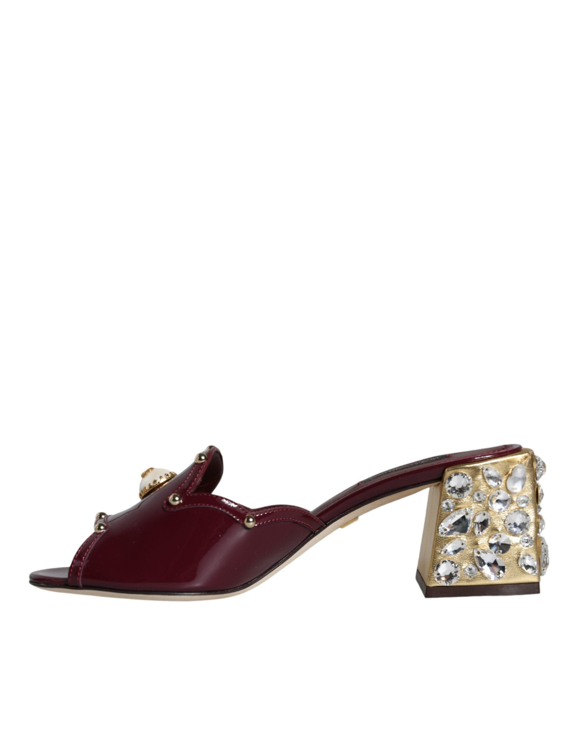 Dolce & Gabbana Maroon Crystal Leather Slides Sandals Shoes