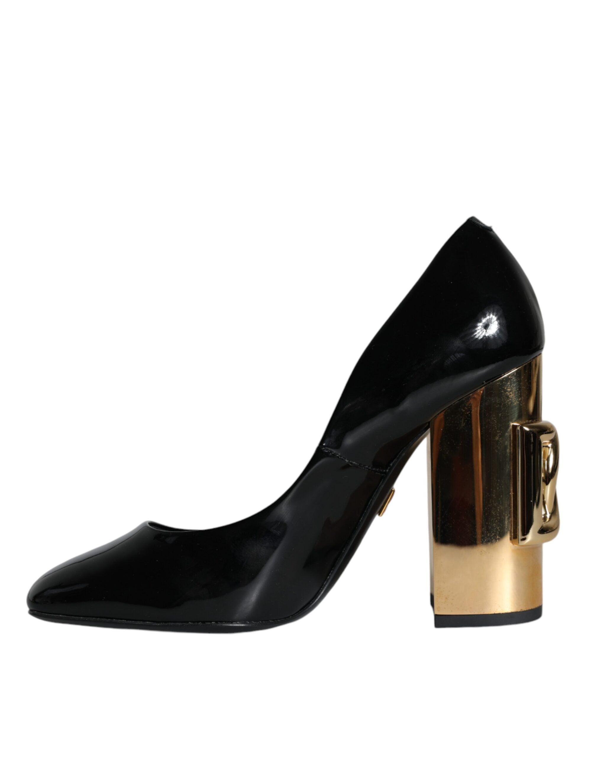 Dolce & Gabbana Black Gold Patent Leather Logo Heels Pumps Shoes