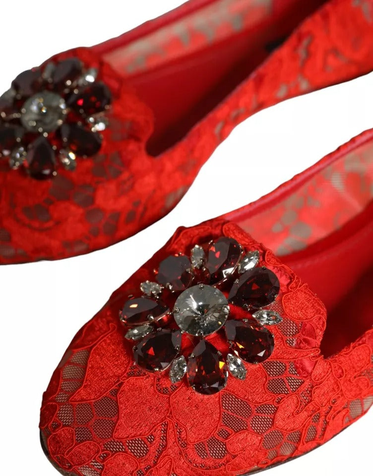 Dolce & Gabbana Red Lace Crystal Ballet Flats Loafers Shoes