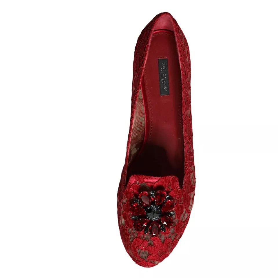 Dolce & Gabbana Red Lace Crystal Ballet Flats Loafers Shoes