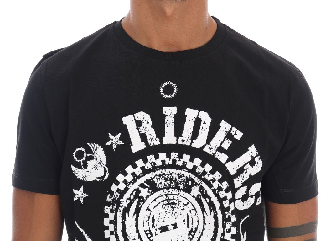 Frankie Morello Chic T-shirt noir à col rond avec motif « RIDERS »