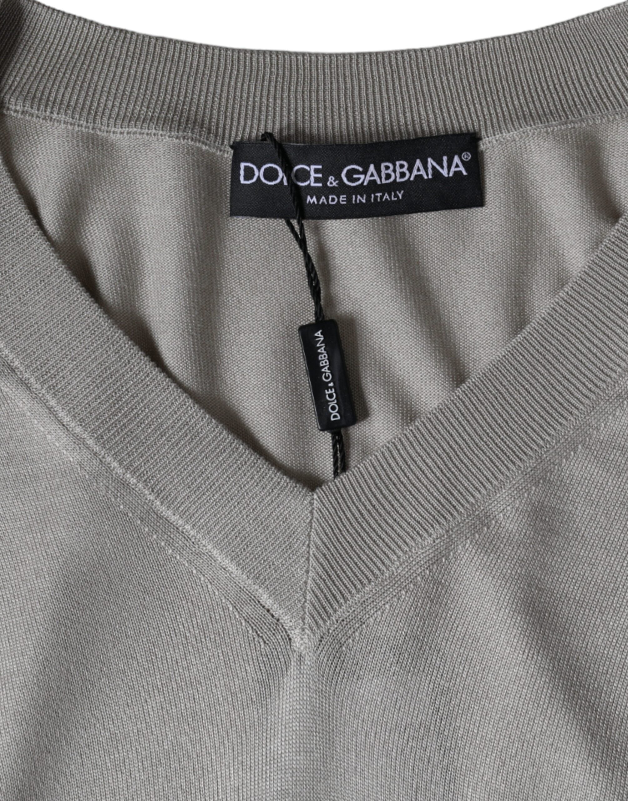 Dolce & Gabbana Off White Silk V-neck Long Sleeves Pullover Sweater