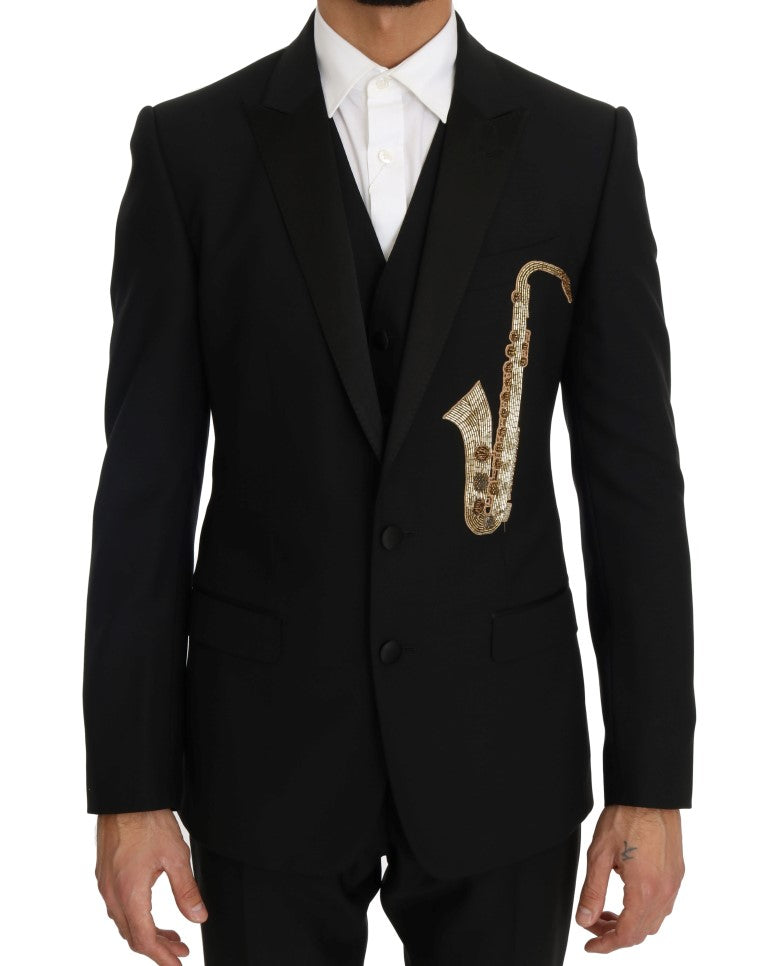 Dolce &amp; Gabbana Costume trois pièces noir élégant avec broderie saxophone