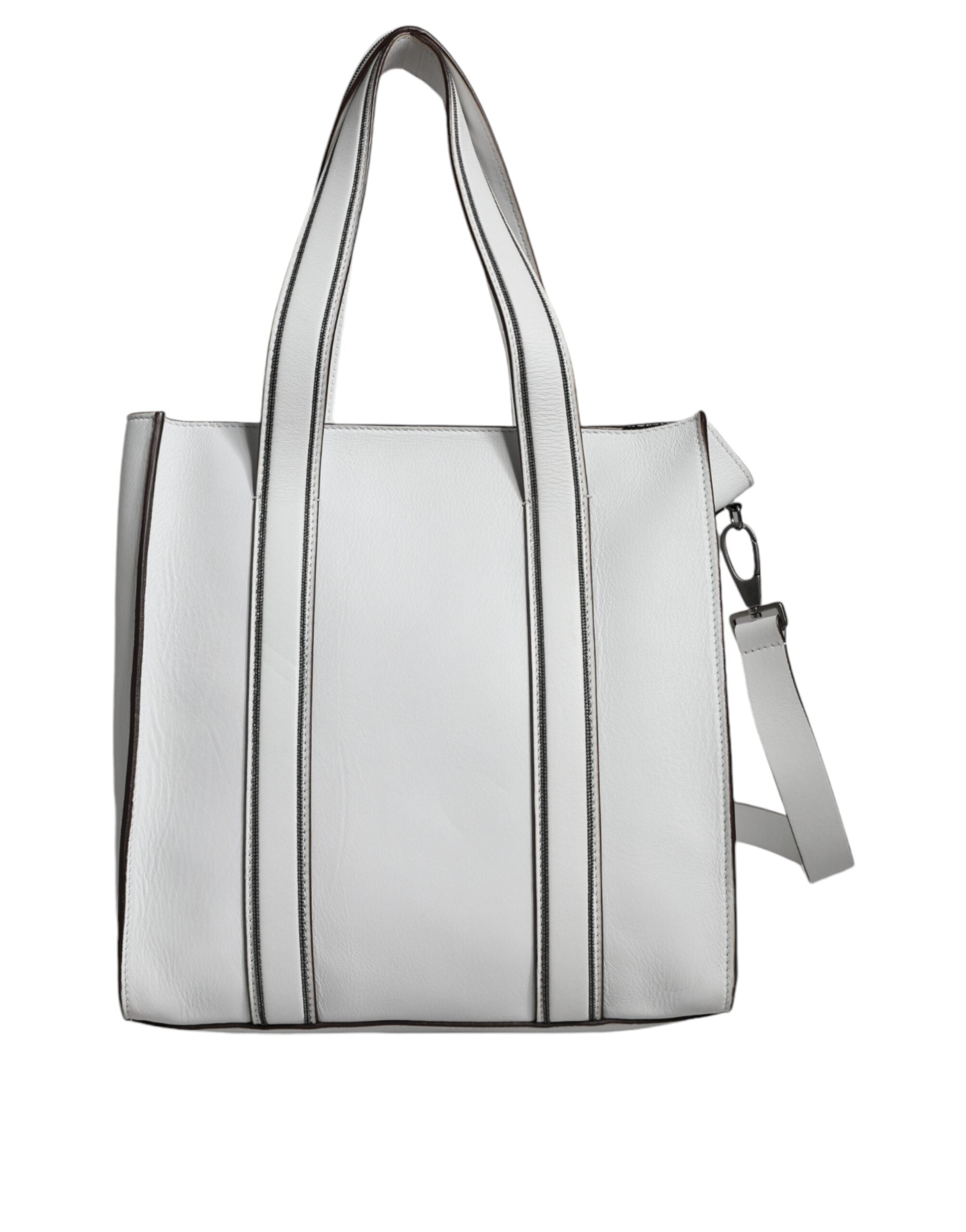 Brunello Cucinelli White Leather Logo Shoulder Strap Shopping Tote Bag