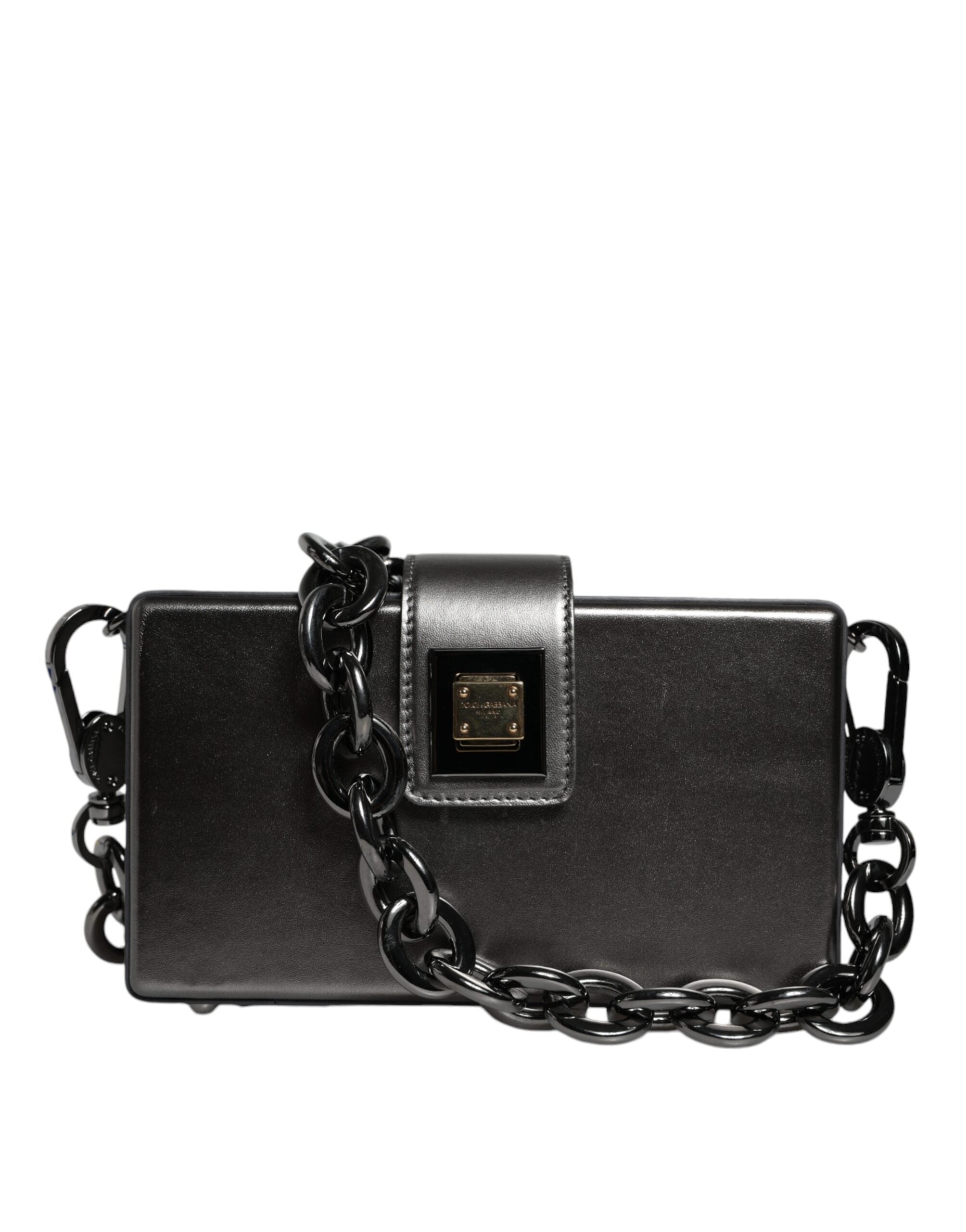 Dolce & Gabbana Metallic Gray DG BOX Leather Shoulder Chain Strap Bag