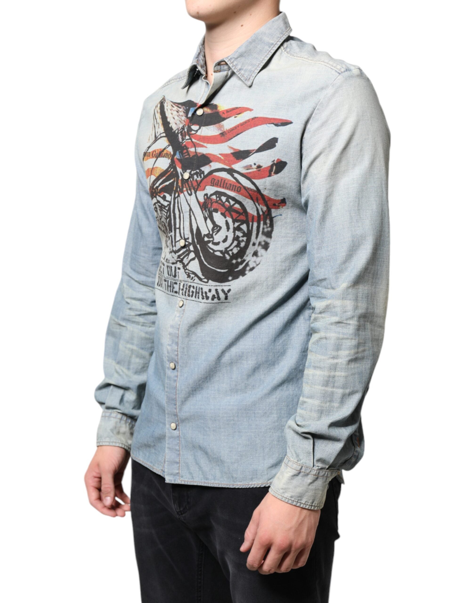 John Galliano Light Blue Printed Cotton Denim Long Sleeves Shirt