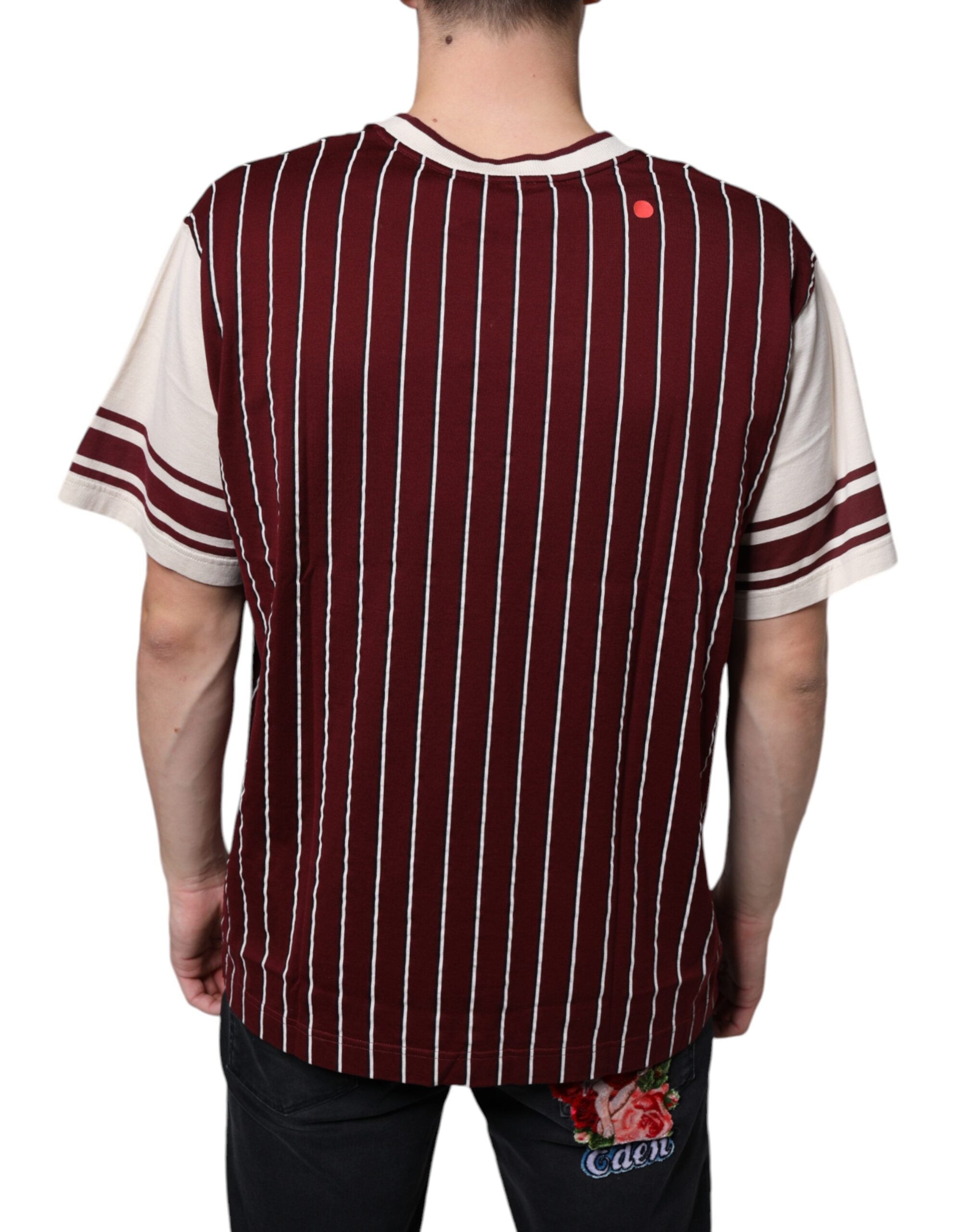 Dolce & Gabbana Maroon Stripes Cotton Logo V-neck T-shirt