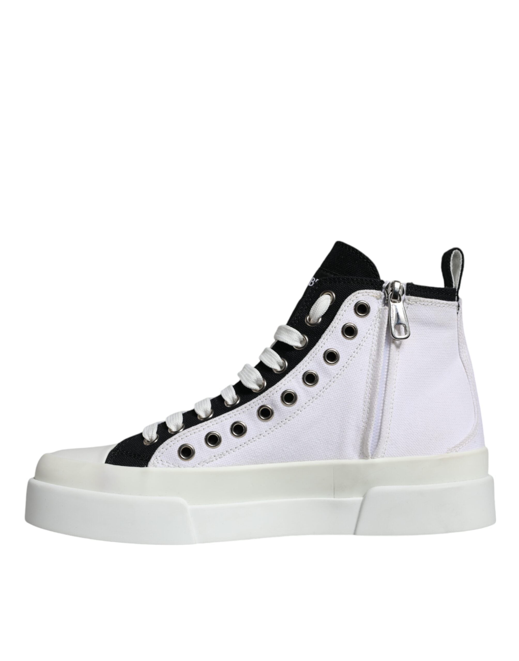 Dolce & Gabbana White Black Cotton Logo High Top Sneaker Shoes