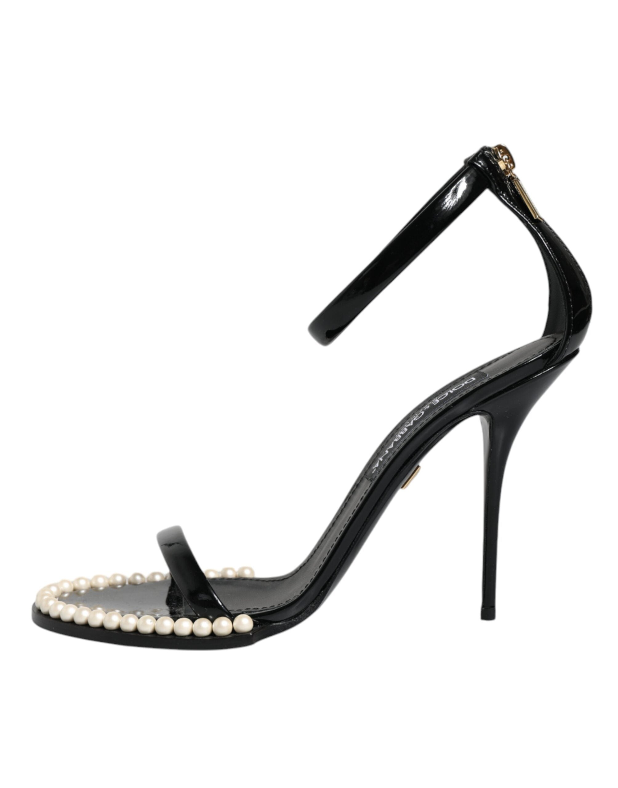 Dolce & Gabbana Black Keira Leather Faux Pearl Sandals Heels Shoes