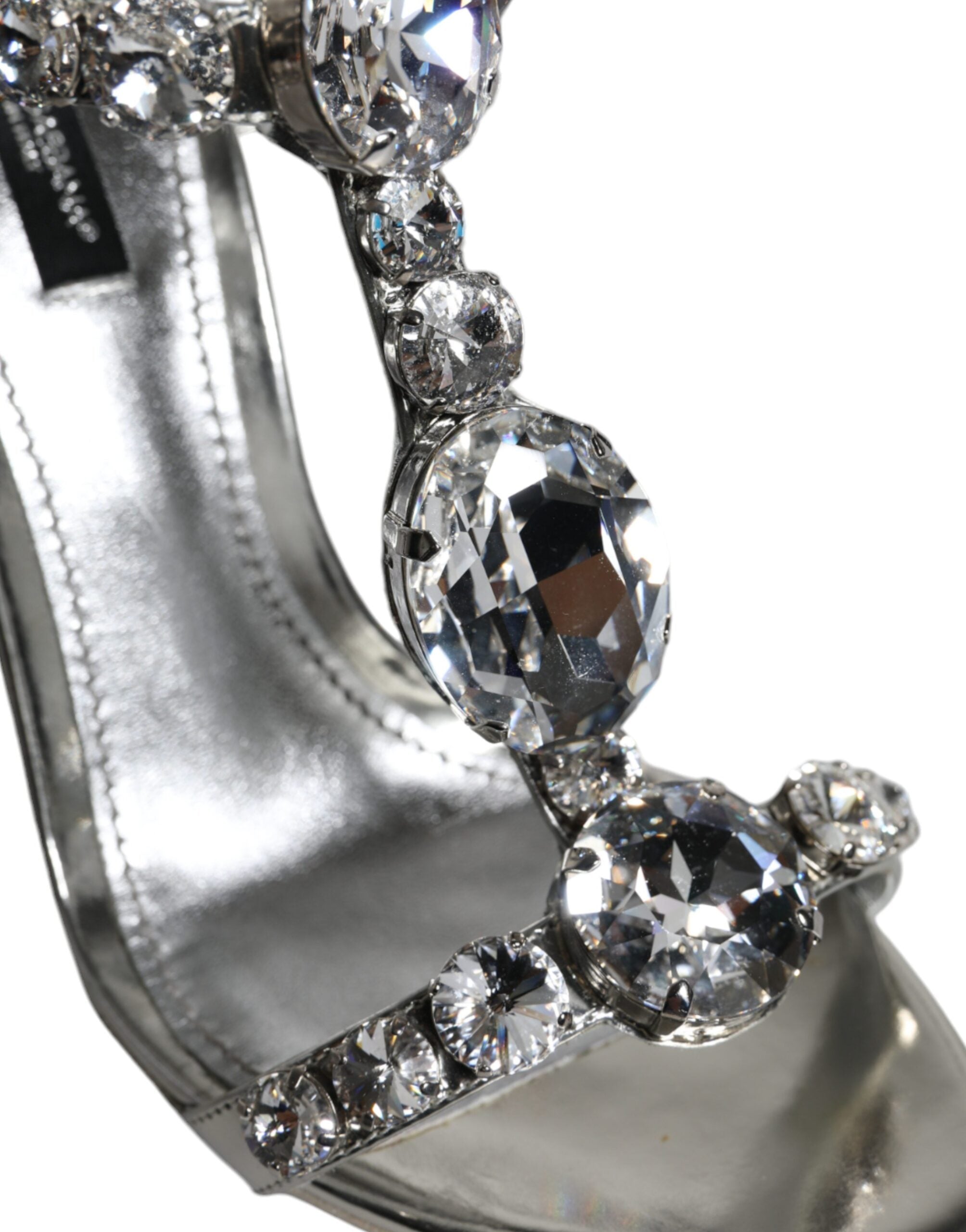 Dolce & Gabbana Silver Leather T-strap Crystal Sandals Shoes