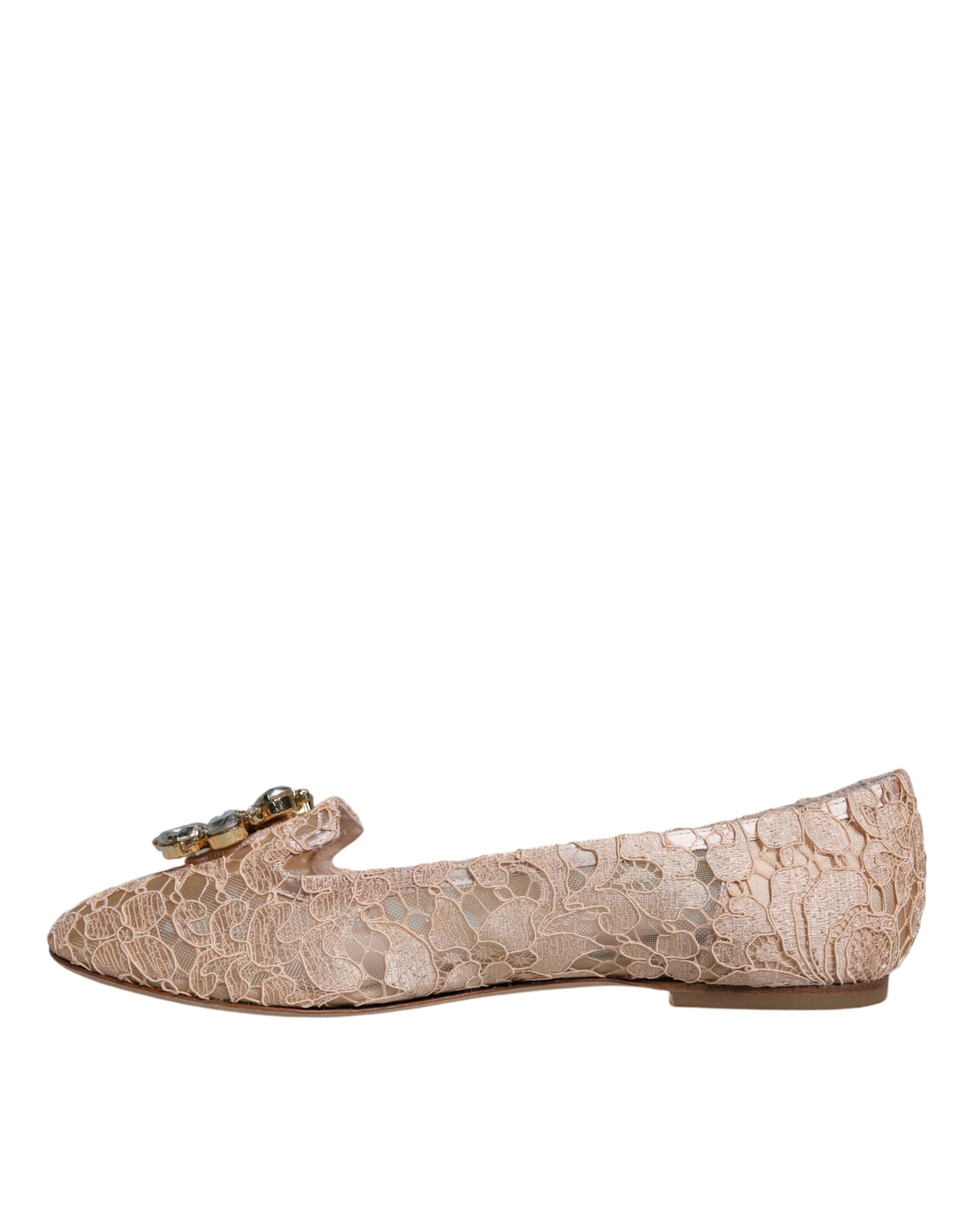 Dolce & Gabbana Beige Lace Crystal Ballet Flats Loafers Shoes