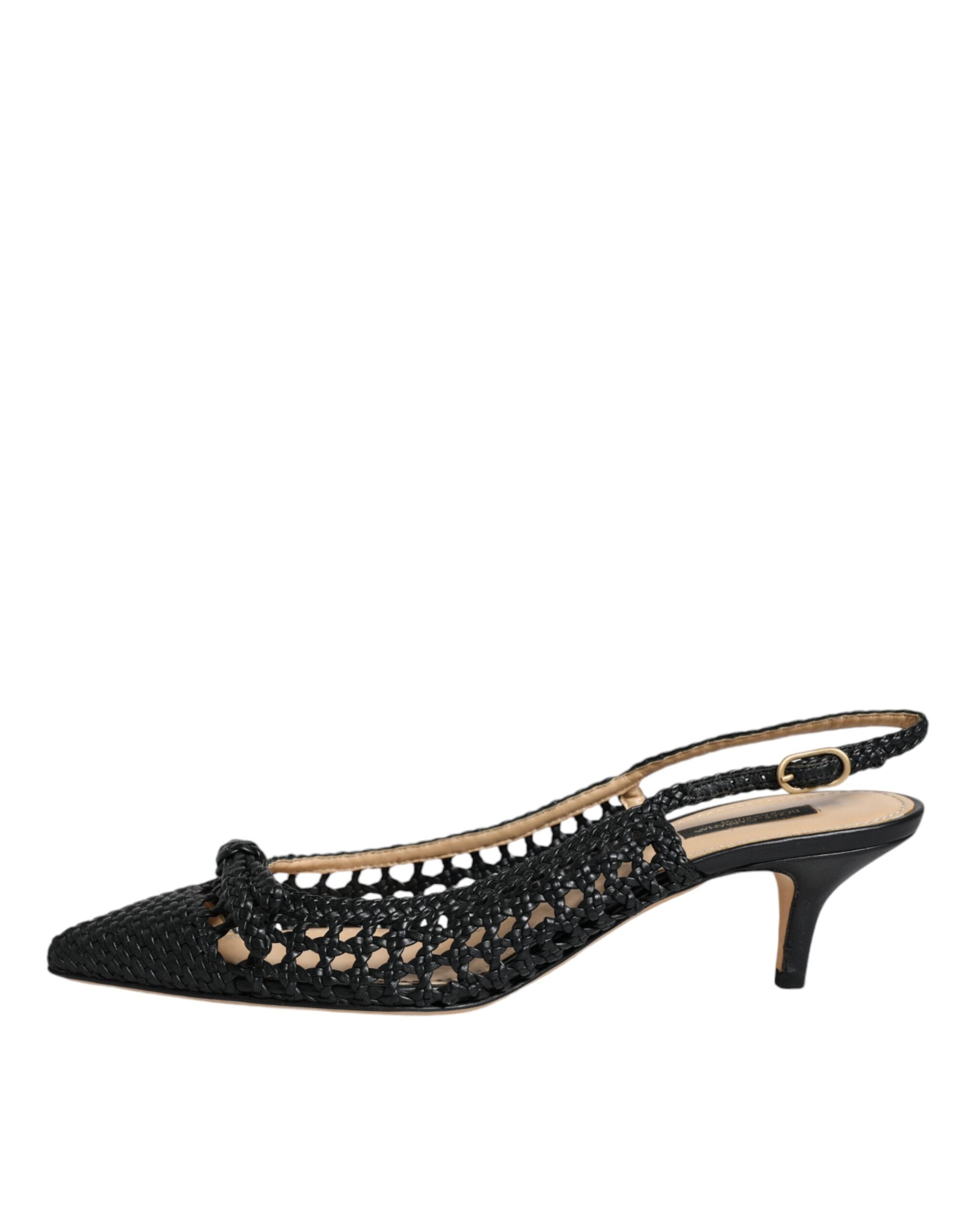 Dolce & Gabbana Black Leather Woven Heels Slingback Shoes