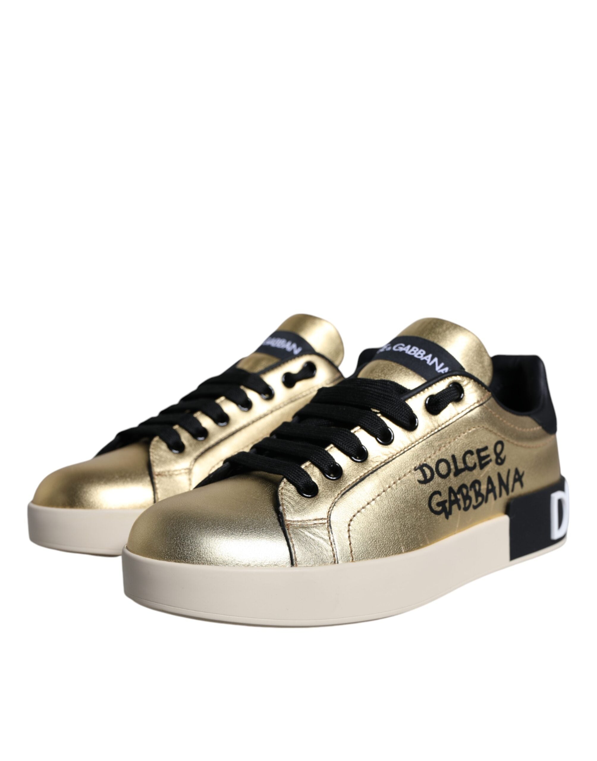 Dolce & Gabbana Gold Portofino Calf Leather Sneakers Shoes