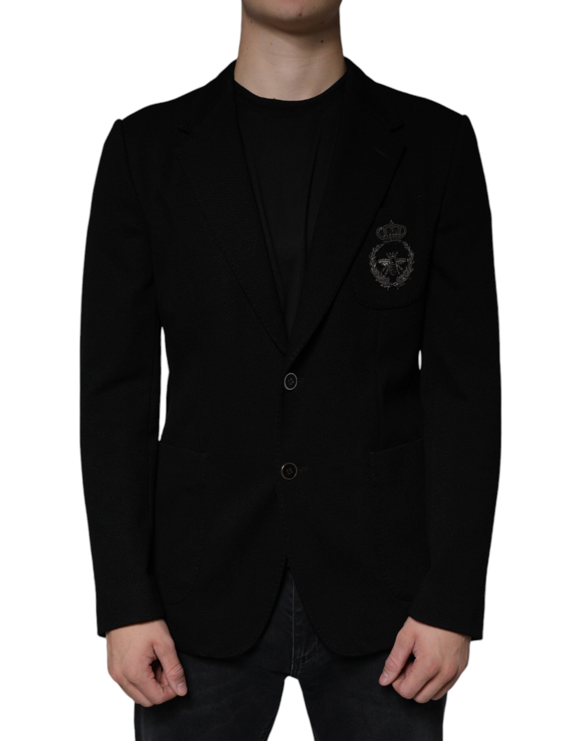 Dolce & Gabbana Black Crown Bee Single Breasted Coat Blazer