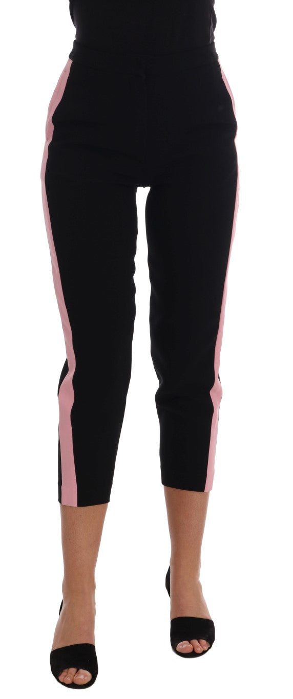 Dolce &amp; Gabbana Chic Pantalon Capri Noir avec Rayures Latérales Roses